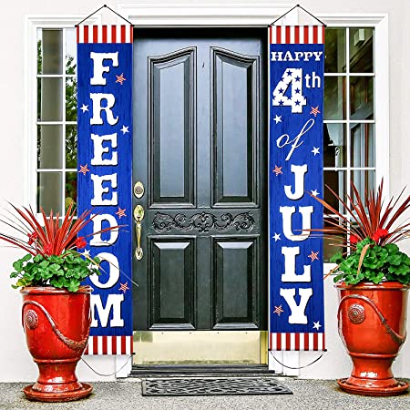 Fourth of July Decoration Patriotic Porch Sign Welcome Sign Decoration Set 4th of July Patriotic Welcome Banner Patriotic Party Supply Decor Independence Day Decorations (Blue Red 4th of July)