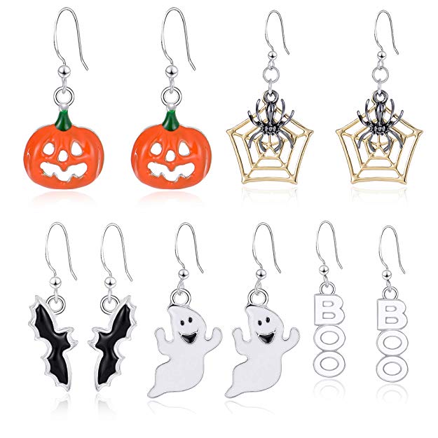 Miraculous Garden Halloween Theme 5 Pairs Drop Dangle Earrings Sets Including Halloween Spider Web Pumpkin Ghost Bat Boo Halloween Earrings for Women Girls