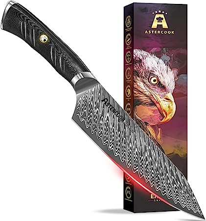 Astercook Chef Knife, 8 Inch Professional Damascus Chefs Knife, German High Carbon Stainless Steel Ultra Sharp Kitchen Knife with G10 Glass Carbon Fiber Handle