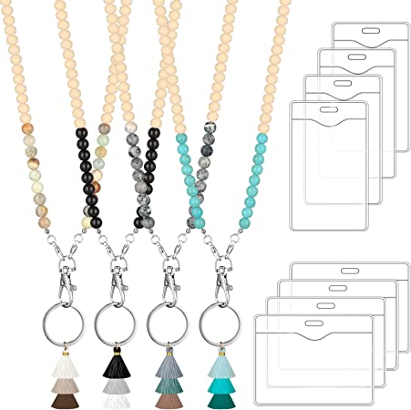 12 Pieces Wood Beaded Lanyards and Card Holder Set, Including 4 Wooden Bead Neck Strap Bohemian Bead Lanyards with Tassel and 8 Clear Card Holders in 2 Style for Keys, Phone Bags (Cute Style)