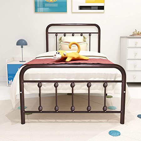 Metal Bed Frame Twin Size Platform with Headboard and Footboard Box Spring Replacement Mattress Foundation Hevay Duty Steel Slats Dark Bronze