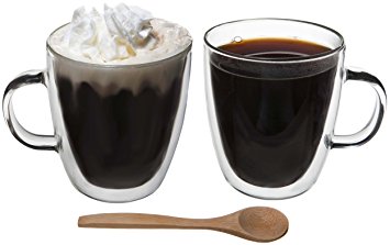 Artisan Glassworks Set of 2 Borosilicate Glass Coffee Cups w/ Handle & Free Wooden Cafe Spoon, 2-Pack Double Wall Insulated Hot or Cold Tea / Espresso / Beverage Mug, Two Piece 12 oz / 350 ml