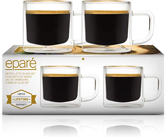Eparé Retro Latte Glasses - Clear Glass Double Wall Cup Set - Insulated Glassware - Espresso Macchiato Cappuccino Mugs