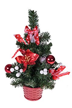 Mini Artificial Christmas Tree with Poinsettia, Ribbon, & Ball Ornaments by Clever Creations | Red and White Christmas Decor | Decoration for Home and Office | 12" Tall Perfect for Table and Desk Tops