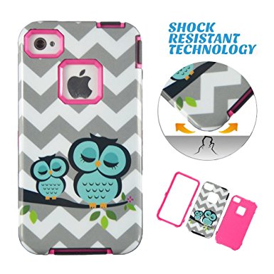 4S Case, iPhone 4 Case, iPhone 4s Case, Magicsky Cheveron Owl Pattern 3in1 Combo Hard Case Full Body Hybrid Impact Shockproof Defender Case Cover for Apple iPhone 4s/4 - Hot Pink