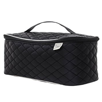 Ellis James Designs Large Quilted Travel Cosmetic Case Makeup Train Case Bag Organizer with Handle and Makeup Brush Holders (Black) - Multifunctional for Professional Hair and Beauty Storage