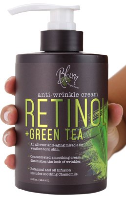 Bloom Retinol   Green Tea Cream Anti-Wrinkle For Fine Lines, Wrinkles, Sun Damaged Skin, Age Spots, Crows Feet. Large 15oz Bottle