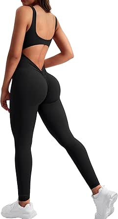 YEOREO Sleeveless Jumpsuits for Women Sexy Backless Gym Bodycon Lizvette V Back Scrunch Butt Rompers