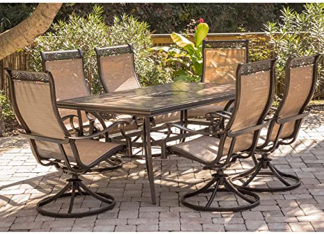 Hanover Monaca 7-Piece Cast Aluminum Outdoor Patio Dining Set, 6 Sling Swivel Rocker Chairs and 40"x68 Tile Top Rectangle Table, Brushed Bronze Finish with Tan Sling, Rust-Resistant, MONDN7PCSW-6