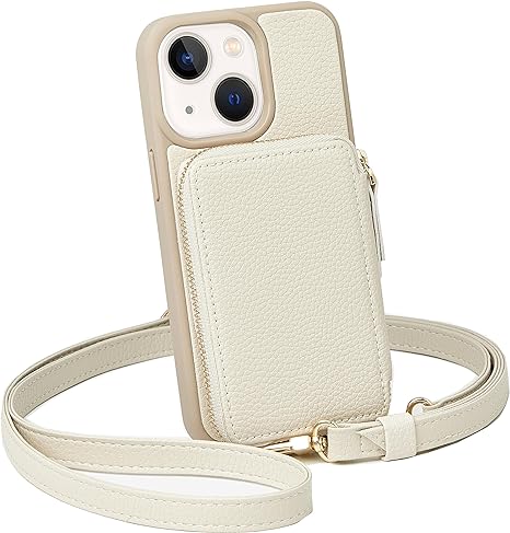 ZVE iPhone 15 Crossbody Wallet Case, Card Holder Phone Purse for Women, RFID Blocking Zipper Carrying Leather Cover Gift with Wrist Strap for iPhone 15 (6.1 inch)- Beige