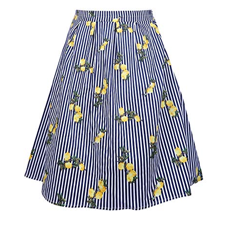 HDE Women's Vintage Flared Pleated A Line Printed Midi Skirt