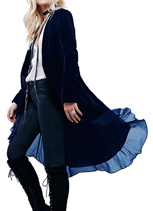 R.Vivimos Womens Ruffled Asymmetric Long Velvet Blazers Coat Casual Jackets