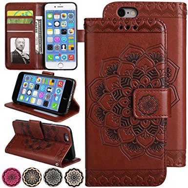 iPhone 8 Case, iPhone 7 Case, Fold Stand Wallet Case 3D Emboss Flower Leather Cover iPhone7 Flip Magnetic Folio Protective Phone Cover with Credit Card Holder for 4.7inch iPhone8 (Brown)