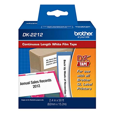 Brother Genuine DK-2212 Continuous Length Black on White Film Tape for Brother QL Label Printers, 2.4" x 50' (62mm x 15.2M), 1 Roll per Box, DK2212