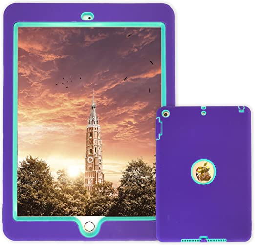 T&X iPad 9.7 Case 2018, iPad 6th Generation Cases (Air 1st/5th/6th) 9.7" High-Impact Shock Absorbent Dual Layer Silicone and Hard PC Bumper Protective Case (Purple/Cyan)