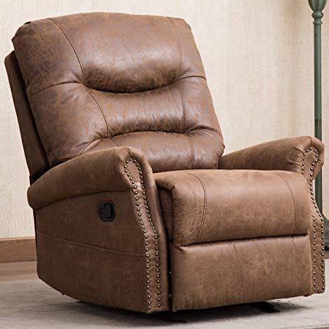 ANJ Rocker Recliner Chair with Breathable Bonded Leather, Classic Manual Recliner Chair, Nut Brown