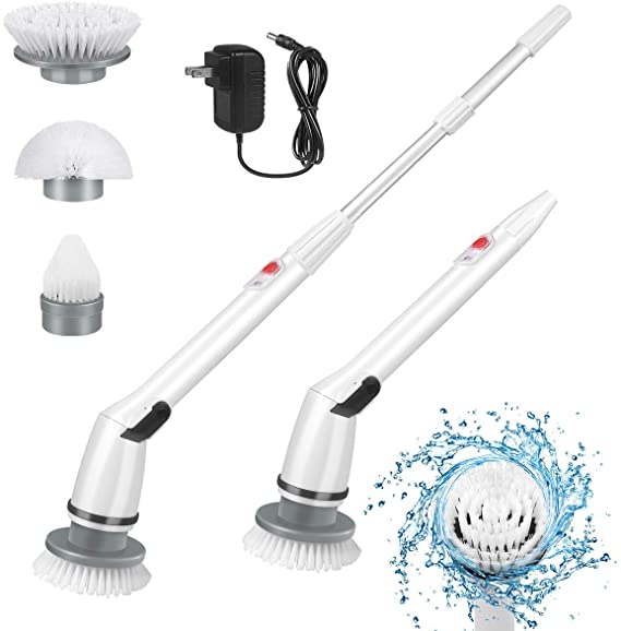 Electric Spin Scrubber, 2020 Upgraded Cordless Shower Scrubber, 360 Power Bathroom Scrubber with 3 Replaceable Cleaning Brush Head and Adjustable Extension Handle for Tub, Tile, Floor