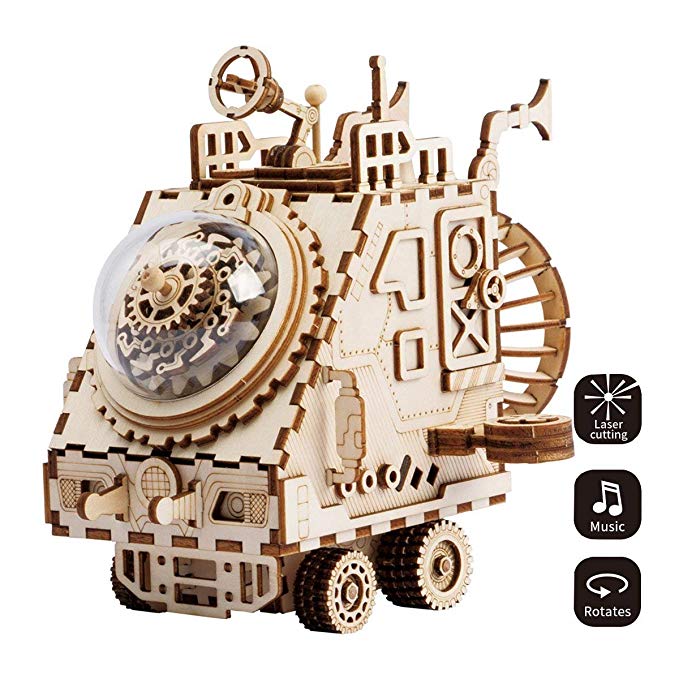 ROKR 3D Assembly Puzzle Build Your Own Wooden Music Box Craft Kits, Brain Teaser Gifts for Kids and Adults (Spaceship)