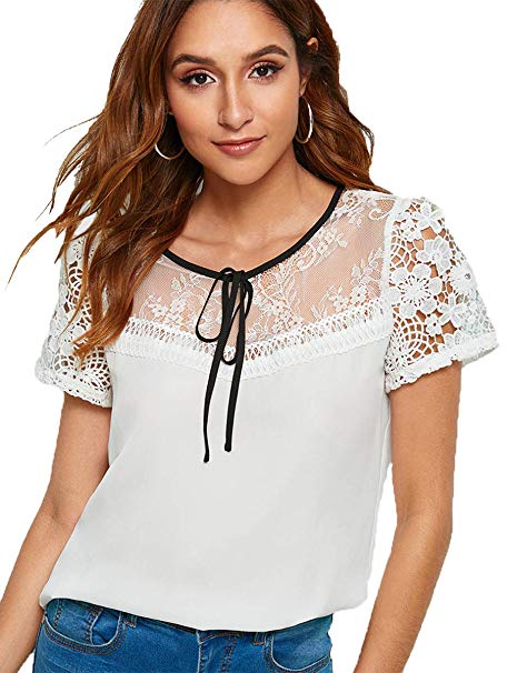 Romwe Women's Embroidered Floral Self-Tie Mesh Lace Blouse Top