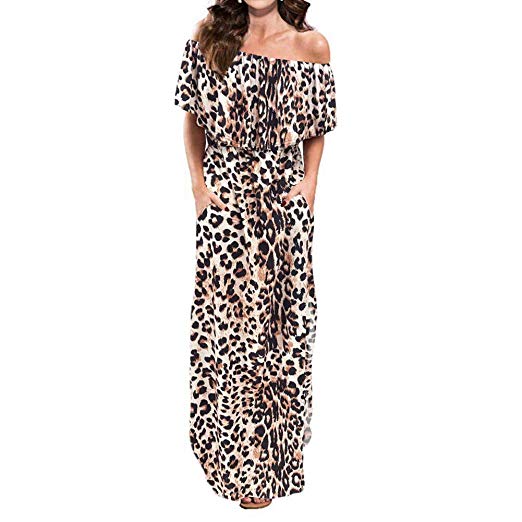 Lesfin Womens Off The Shoulder Dress Ruffle Party Long Casual Side Split Beach Leopard Print Maxi Dresses with Pockets