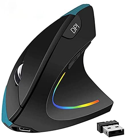 Ergonomic Wireless Vertical Mouse, Funwaretech 2.4GHz Rechargeable Mouse with USB Receiver, Optical Carpal Tunnel Mouse, 6 Buttons,800/1200/1600 DPI, for Laptop/PC/Mac/Computer,Blue