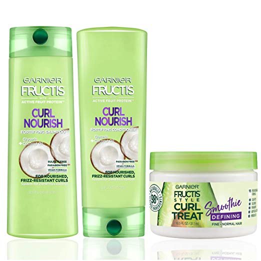 Garnier Hair Care Fructis Curl Nourish Shampoo, Conditioner, & Natural Styling Curl Treat Smoothie, Nourish for Frizz Resistant Curls, Frizz Free up to 24 Hours, Paraben Free,1 Kit