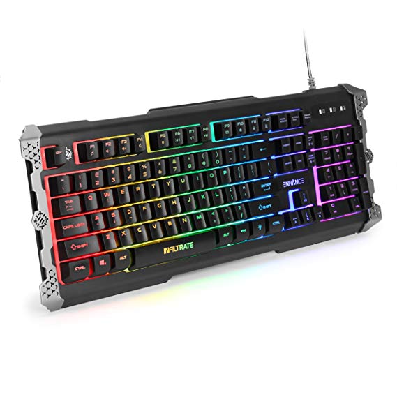 ENHANCE Infiltrate Wired Gaming RGB Keyboard with Mechanical Feeling Keys - 7 Colors   9 Color Changing Effects, Dynamic LED Sound Response Mode - Spill Resistant Design with Metal Accents