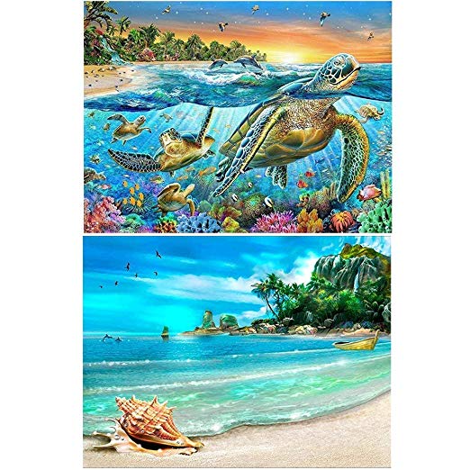 2 Pack 5D DIY Diamond Painting Full Drill Paint with Diamonds for Home Wall Decor by Number Kits, Sea Turtle and Beach & Conch (12X16inch)