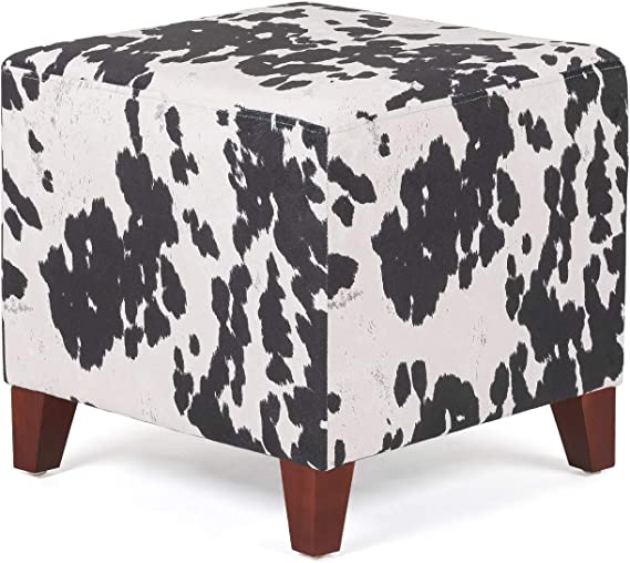 Adeco Simple British Style Cube Ottoman Footstool, 16x16x16, Black (Cow Print)