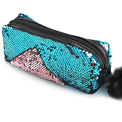 Glitter Cosmetic Bag Mermaid Spiral Reversible Sequins Portable Double Color Students Pencil Case for Girls Women Handbag Purse Make Up Pouch with Pompon Zip Closure(Blue Pink)