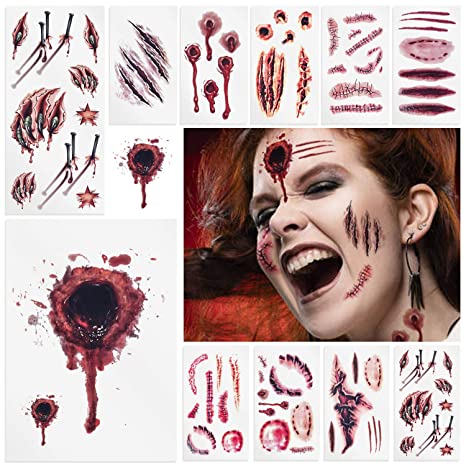 Halloween Makeup,Zombie Makeup,Fake Blood,Scar Tattoo,Halloween Tattoos Fake Blood Makeup Vampire Makeup, Enjoy Halloween Makeup Kit Zombie Tattoos,11 Sheets,61 Pics Fake Scars Cuts