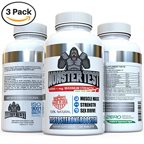 Testosterone Booster-Monster Test Maximize T-Levels Naturally. (360 Capsules-3 Month Supply Bundle) U.S.A. Proprietary Formula to Grow Muscle Mass. Energy Explotion in the Gym. Drive in the Bedroom.