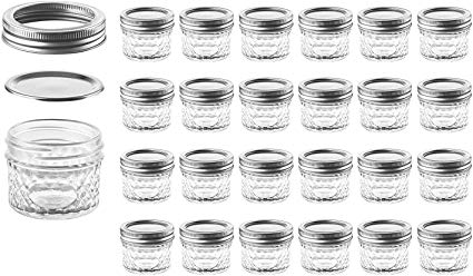 Mason Jars with Glass Lids 4 oz - Nellam Small Canning Jelly Jar Wide Mouth in Quilted Crystal for Airtight Kitchen Storage, Baby Food, Party Favors - Freezer & Microwave Safe - Set of 24, Silver