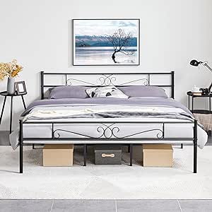 Yaheetech California King Bed Frames Metal Platform Bed with Headboard and Footboard for Bedrooms No Box Spring Needed Easy Assembly,Ground Clearance: 12.6"/Black/California King Bed