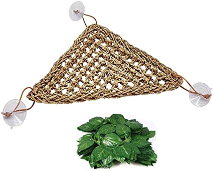 kathson Bearded Dragon Hammock Lizards Lounger,100% Natural Seagrass Fibers for Reptiles,Geckos,Anoles,Iguanas,Hermit Crabs Snakes,Triangular and Plastic Terrarium Plant Leaves(12.6 x 16.53 inches)