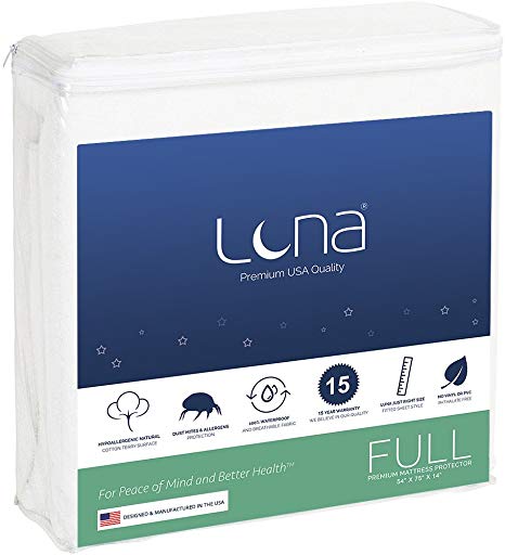Full Size Luna Premium Hypoallergenic Waterproof Mattress Protector - Made in The USA - Vinyl Free