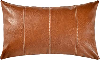 Fancy Homi Brown Boho Lumbar Faux Leather Decorative Throw Pillow Covers 12x20 Inch for Living Room Couch Bed Sofa, Hand Stitched Rectangle Cushion Case 30x50 cm, Rustic Modern Farmhouse Home Decor