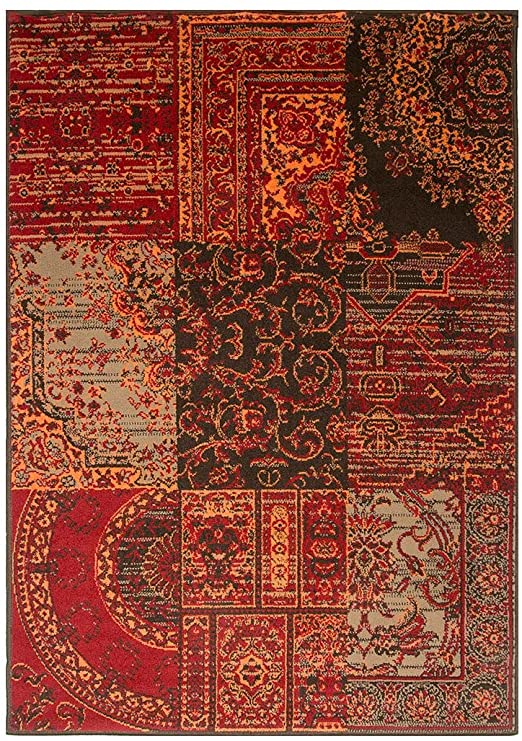 Milan Red Brown Burnt Orange Grey Patchwork Traditional Living Room Rug 120cm x 170cm