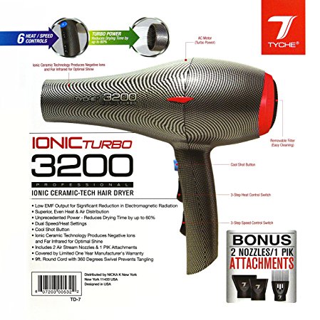 Tyche Turbo 3200 Professional Ionic Ceramic Tech Hair Dryer (1 Year Warranty) Dries Hair Fast, Negative Ions, Infrared, Hair Shine, Electromagnetic, Radiation, Heat & Air Distribution, Superor Power,