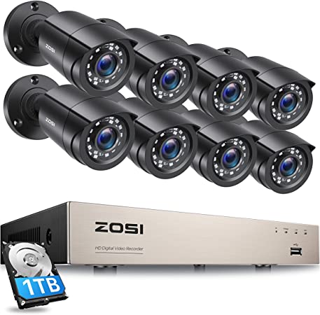 ZOSI 8CH Security Camera System Outdoor with 1TB Hard Drive,H.265  8Channel 5MP Lite CCTV DVR Recorder 8pcs Weatherproof Home Surveillance Cameras,80ft Night Vision,Remote Access,Motion Alert