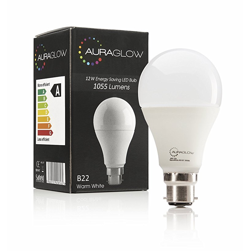 AURAGLOW Super Bright 12w LED B22 Bayonet Light Bulb, Warm White, 3000k, 1055 Lumens - 75w EQV