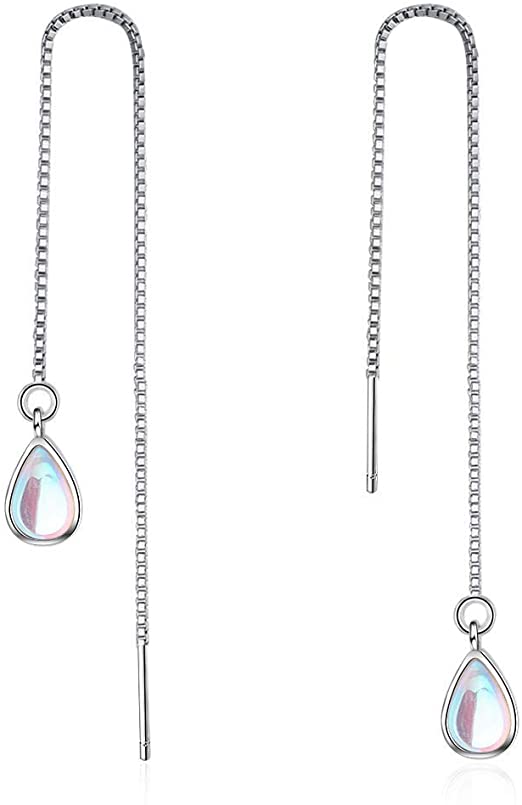 925 Sterling Silver Moonstone Drop Earrings Colorful Droplet Dangle Threader Earrings for Women
