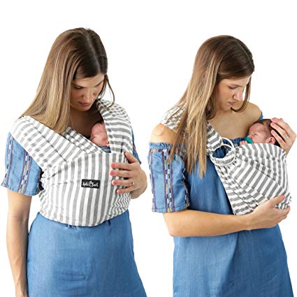 4 in 1 Baby Wrap Carrier and Ring Sling by Kids N' Such | Gray and White Stripes Cotton | Use as a Postpartum Belt and Nursing Cover with Free Carrying Pouch | Best Baby Shower Gift for Boys or Girls