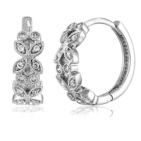 BERRICLE Rhodium Plated Sterling Silver Cubic Zirconia CZ Leaf Small Huggie Earrings 0.5"