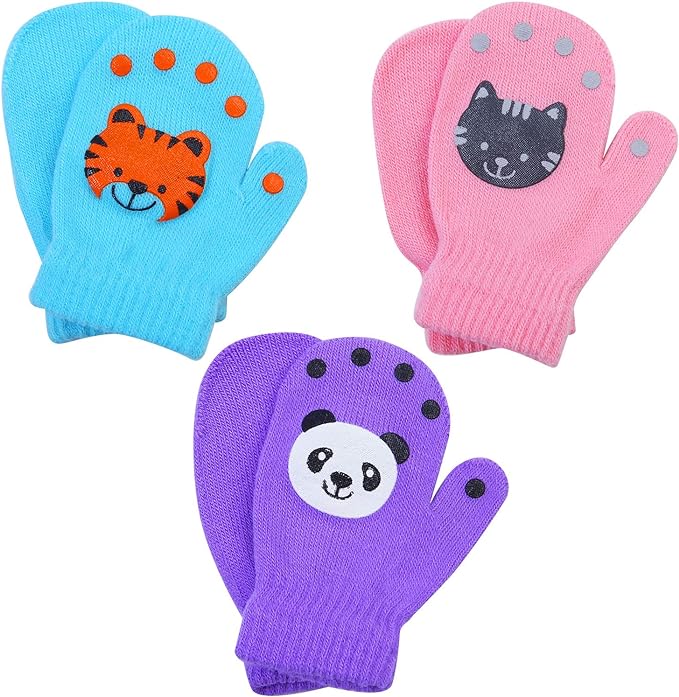 Cooraby 3 Pairs Toddler Stretch Mittens Winter Warm Knitted Magic Mittens Gloves