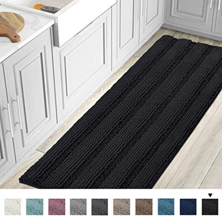 Striped Luxury Chenille Bathroom Rug Mat Runner Oversized 59x20 Inch Extra Soft and Absorbent Shaggy Rugs Dry Extra Long Plush Carpet for Bathroom/Kitchen Machine Washable, Jet Black