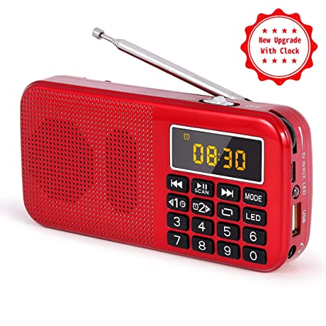 PRUNUS J-725C Portable Mini FM Radio Speaker Music Player USB Drive TF Card with LED Display, Alarm Clock, 3000 Rechargeable Battery, NO AM(Red)