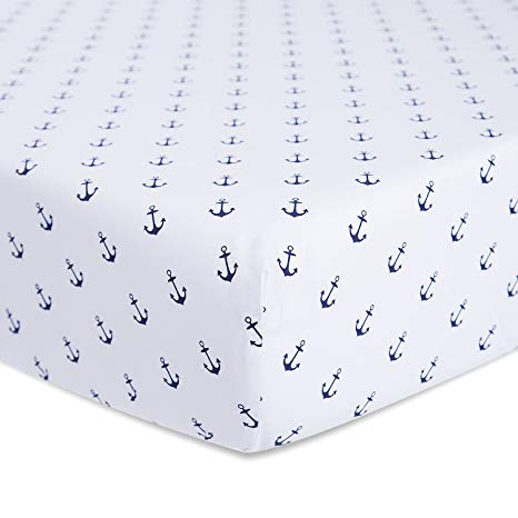 TILLYOU Nautical Anchors Crib Sheet, 100% Egyptian Cotton Printed Toddler Sheets, Soft Cozy Hypoallergenic Baby Sheets for Boys, 28"x52" Standard Size, Navy Nautical Anchors