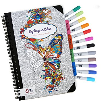 Scraft Artise Undated Coloring Planner and Brush Tip Marker Set, 6 x 9 Inch (100 Page) Free-Style Planning Calendar with Set of 12 Water-Based Rainbow Color Markers