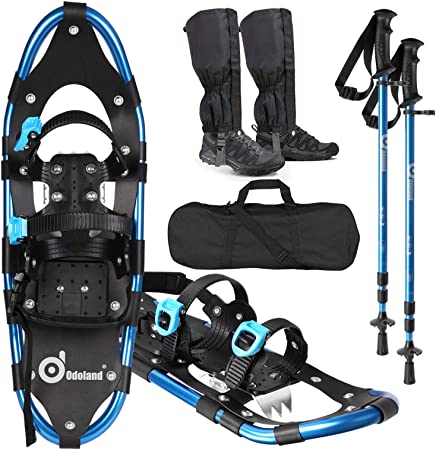 Odoland 4-in-1 Lightweight Snow Shoes Set for Men and Women, Easy to Use Snowshoes with Trekking Poles, Waterproof Snow Leg Gaiters and Carrying Tote Bag, Size 21''/25''/30''